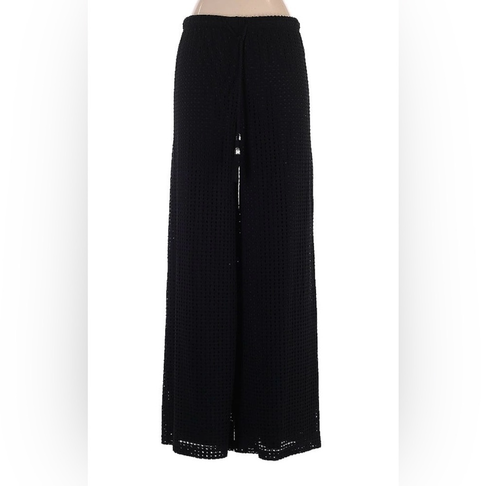 CHICO'S Palazzo Pants Black Crochet Look Cutwork Lined Pull On Tassel Tie size 3
